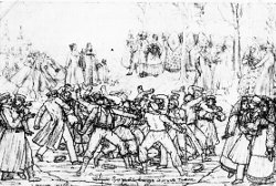 Русский рукопашный бой "стенка на стенку", рисунок с натуры В. Шохина 1845 г.